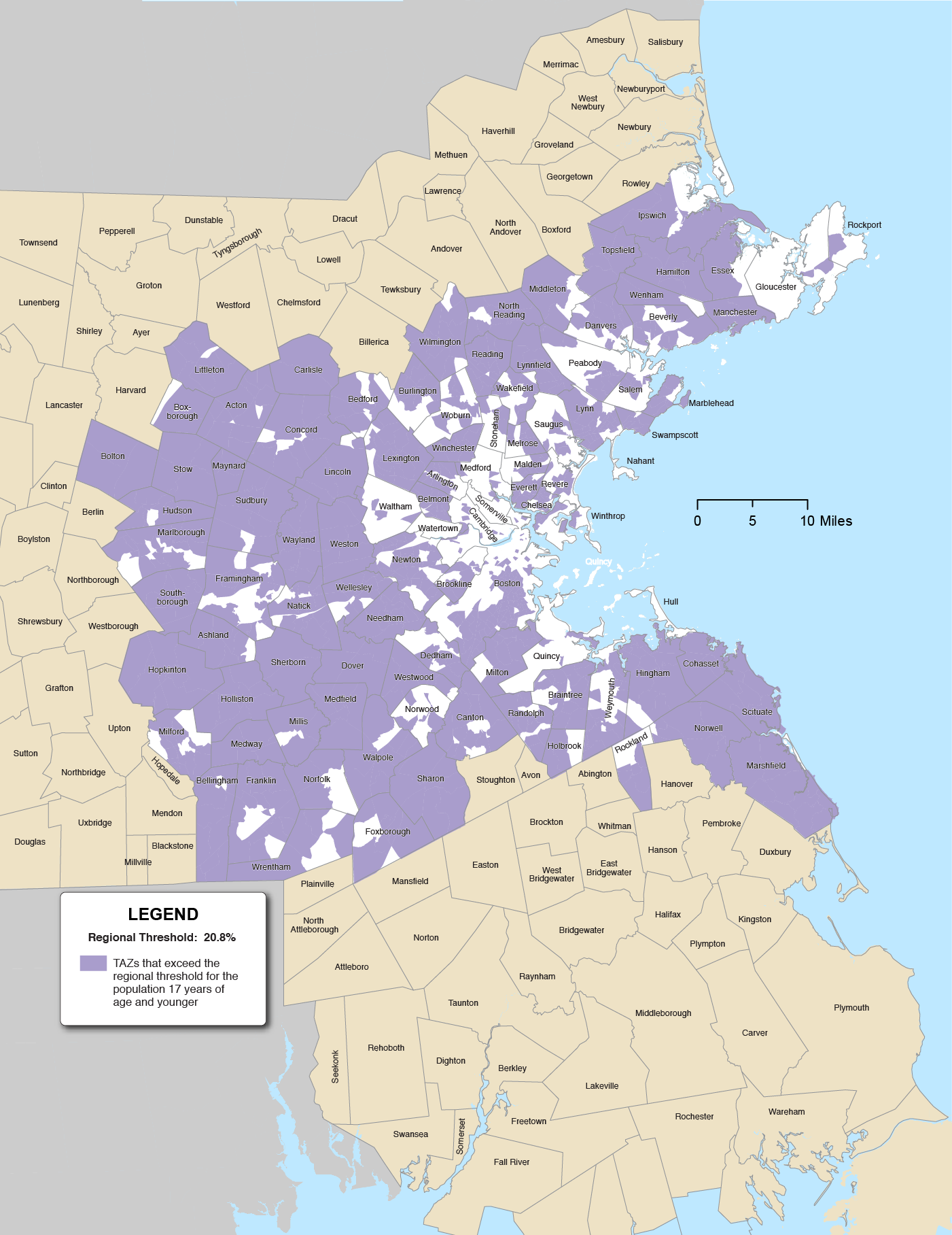 Figure 8-6 is a map of the Boston Region municipalities and the TAZs that exceed the regional threshold for the population 17 years of age and younger highlighted in purple. 